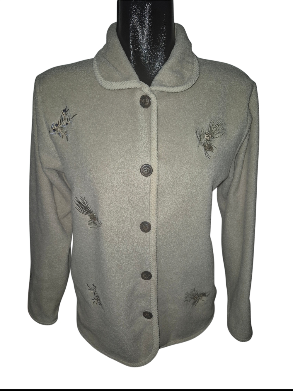 Vintage 90's Classic Cream Fleece Leaf Embroidered Button-Up Sweater Size 8
